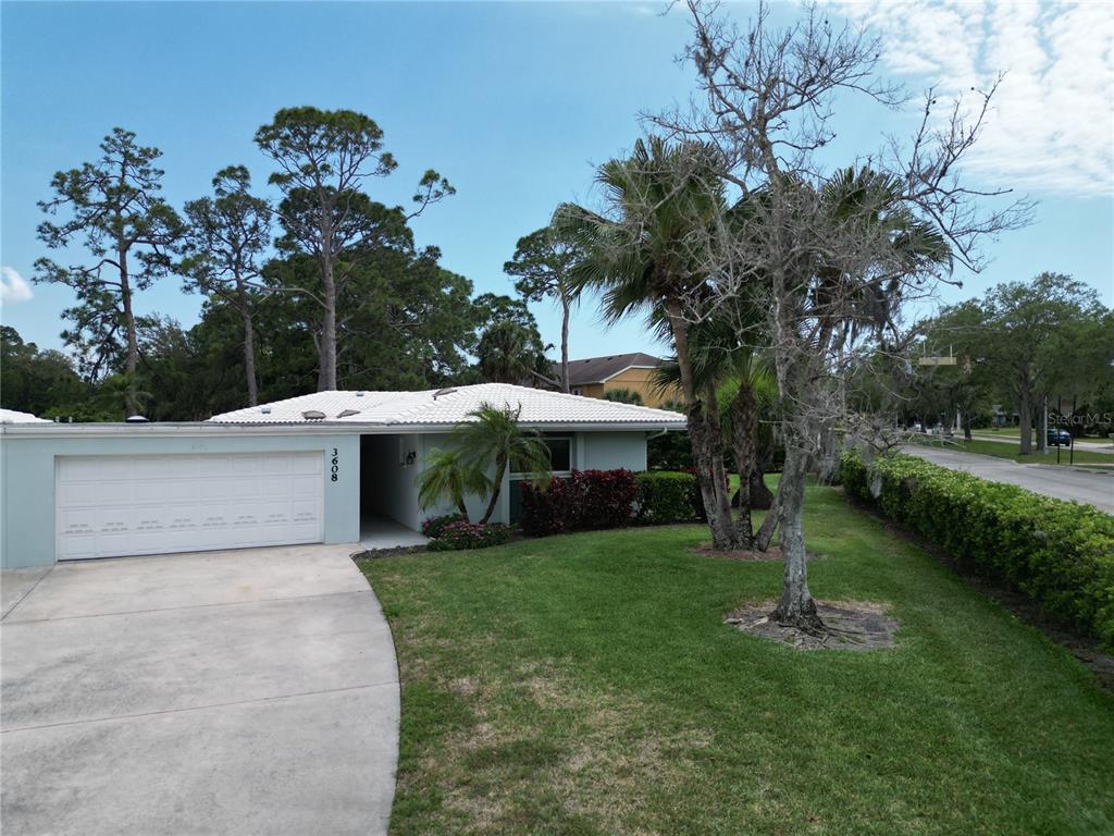 a view of a white house with a yard potted plants and a palm tree