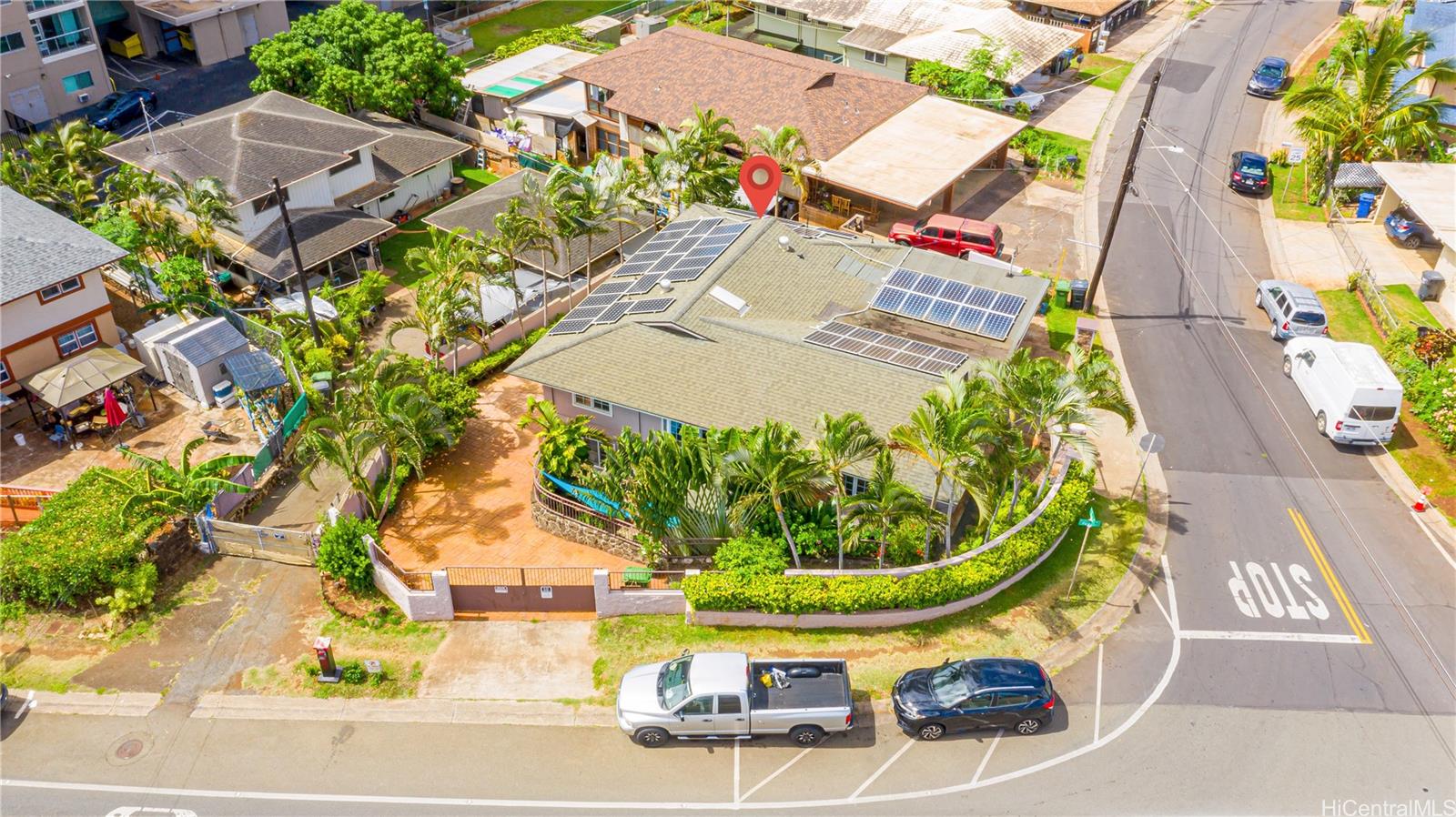 an aerial view of a swimming pool