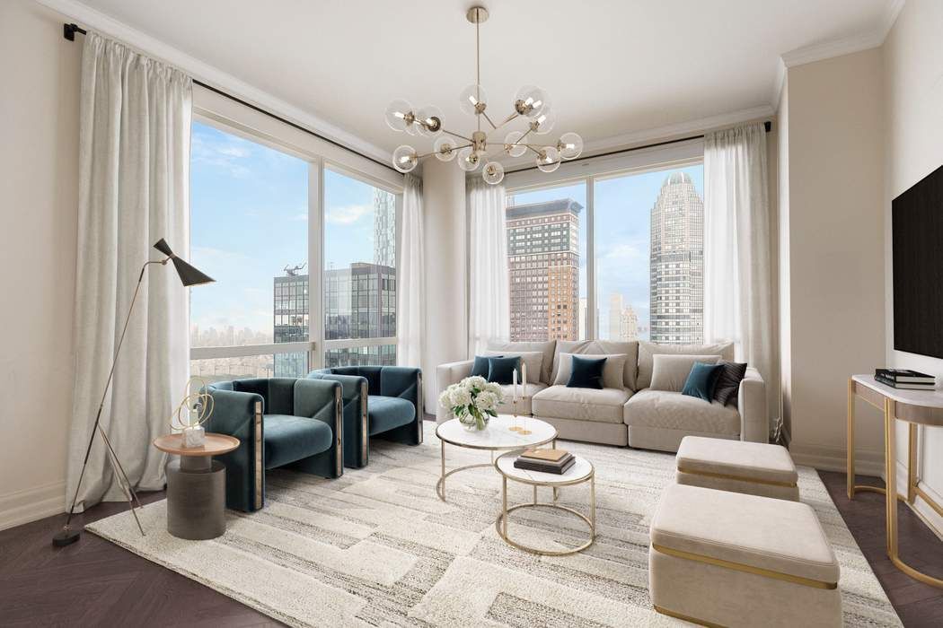 a living room with furniture large windows and flat screen tv