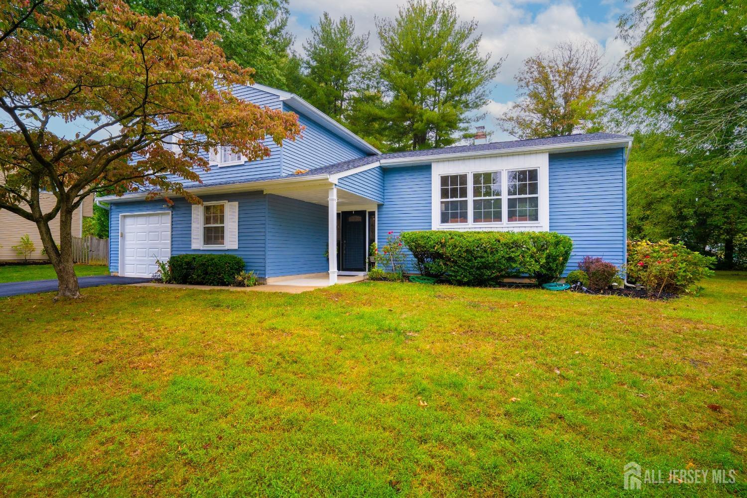 a front view of house with yard and green space