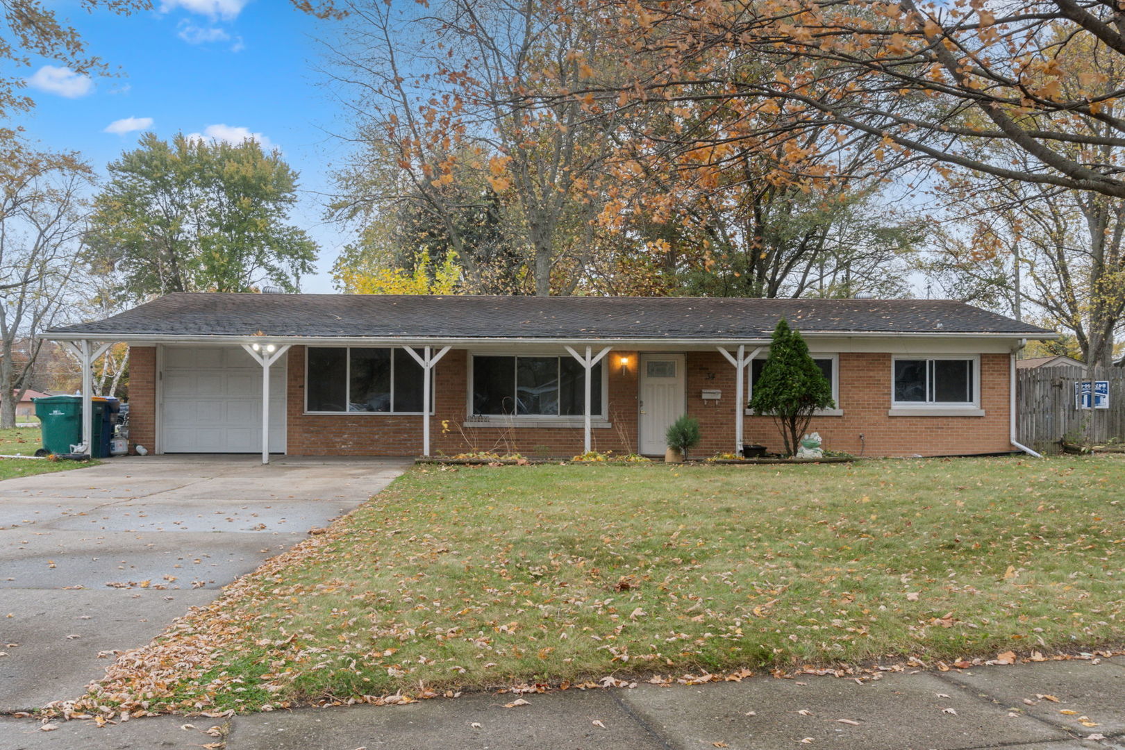 front view of a house with a patio