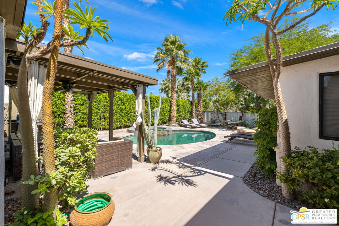 a view of a backyard with plants and a patio