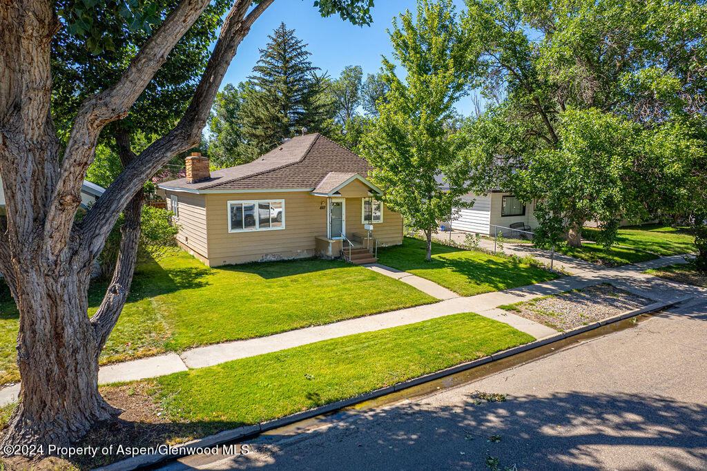 a view of an house with backyard and a tree