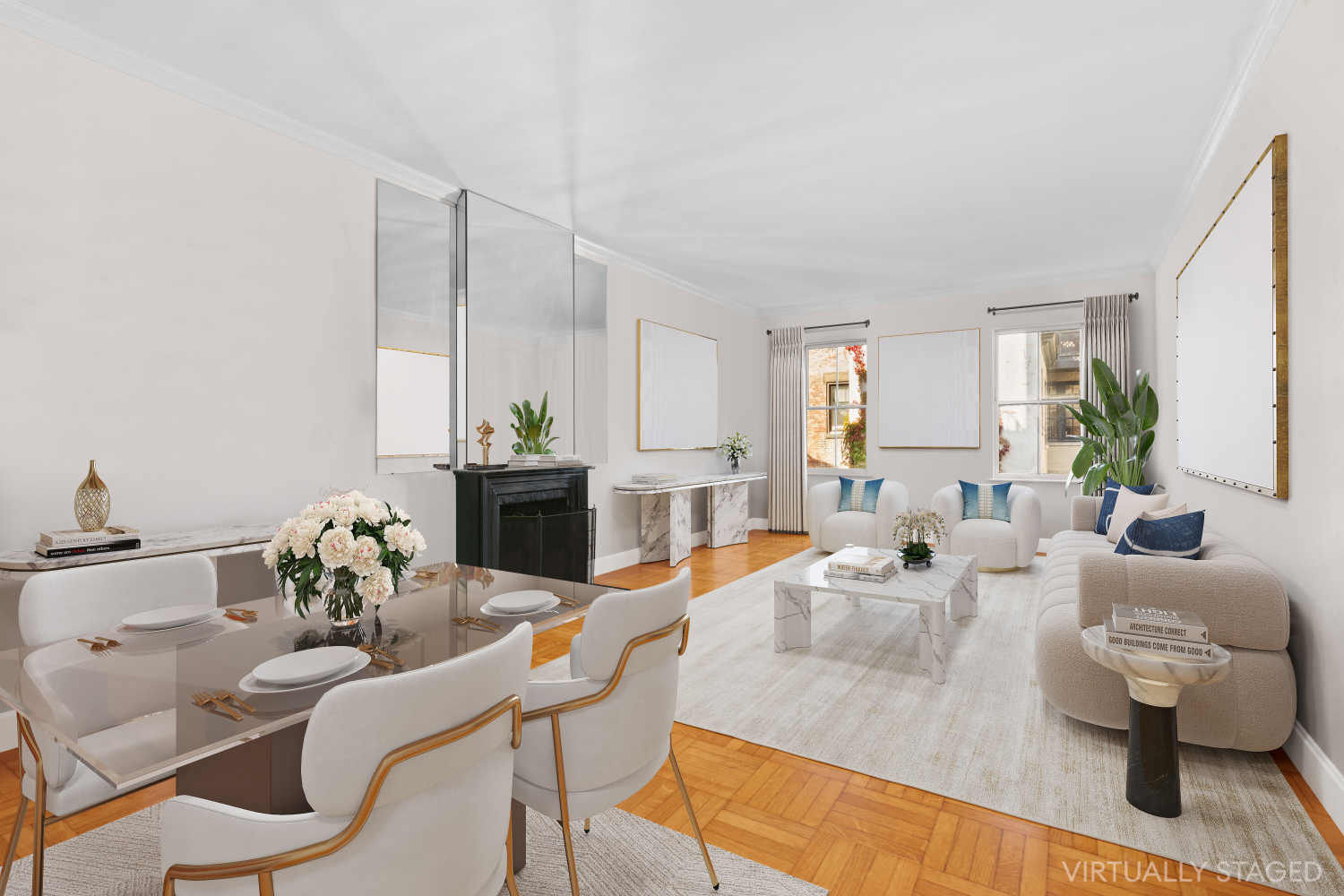 a living room with furniture fireplace and a potted plant