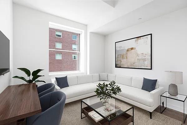 a living room with furniture and a potted plant