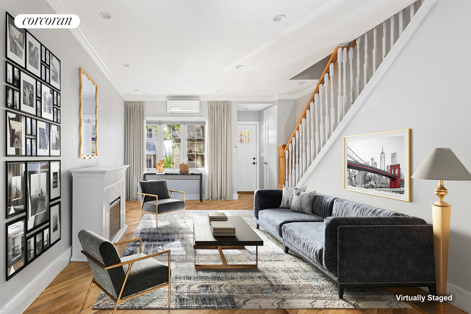 a living room with furniture or couch and a wooden floor