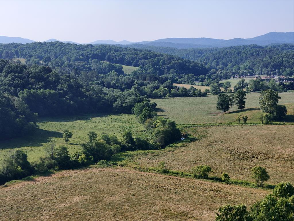 a view of a dry field with trees in background