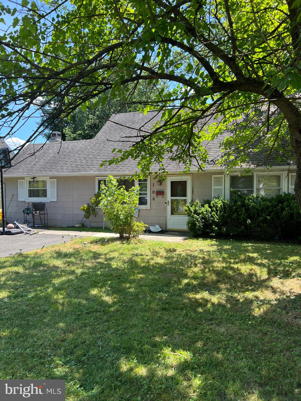 a backyard of a house with plants and large tree