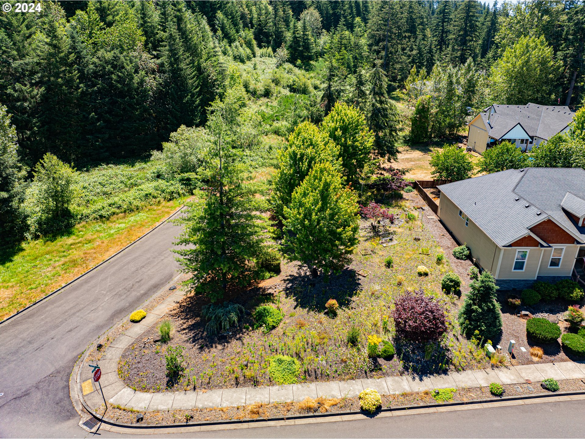 an aerial view of a house with a yard lake and green space