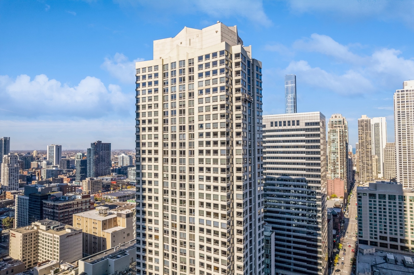 a city view with tall buildings