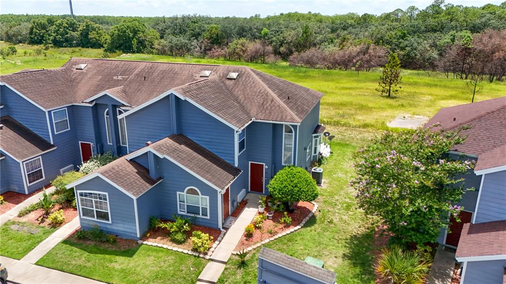 a aerial view of a house with a big yard and potted plants