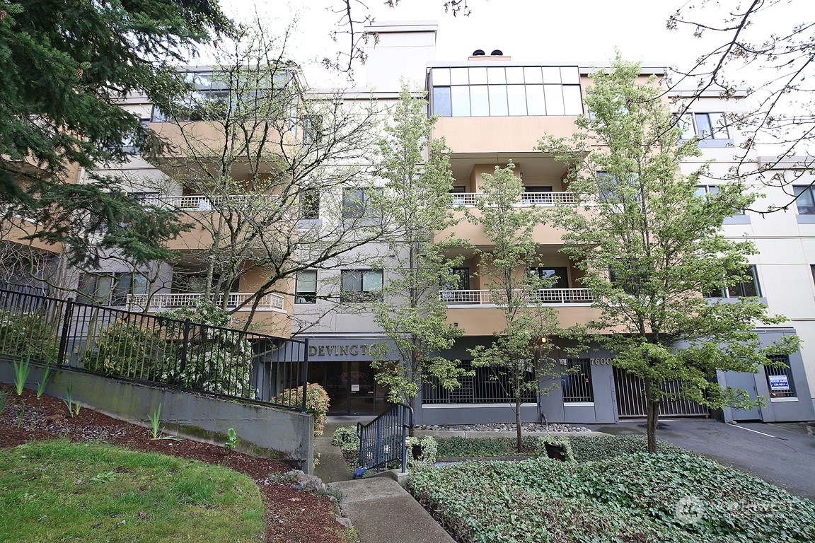 a front view of a house with a small yard and large tree