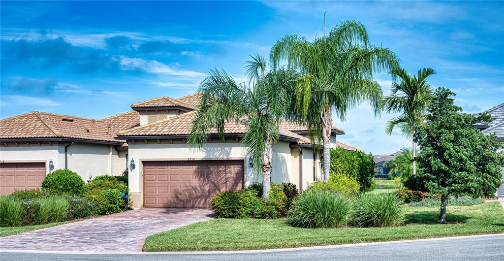 a view of a house with a yard plants and large tree