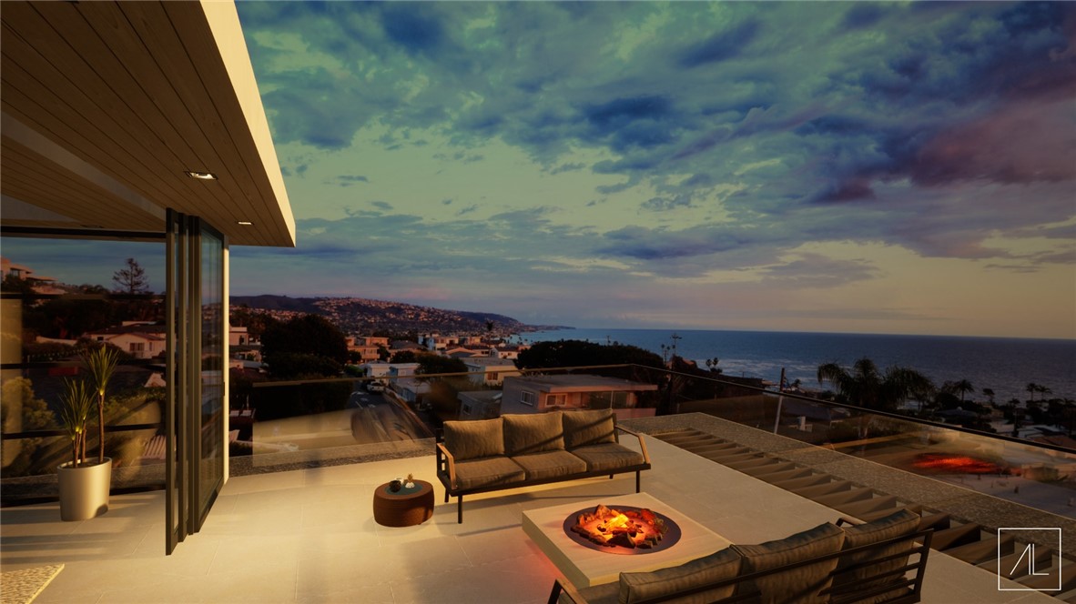 a view of a balcony with furniture and a stove