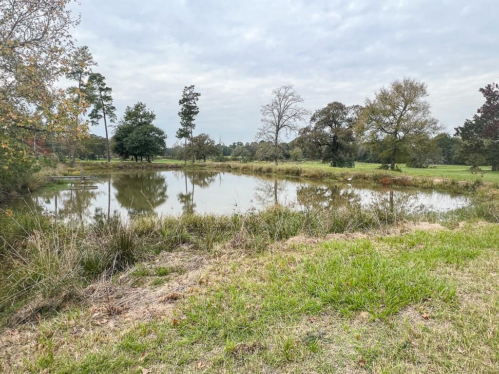 a view of a lake with houses in the back