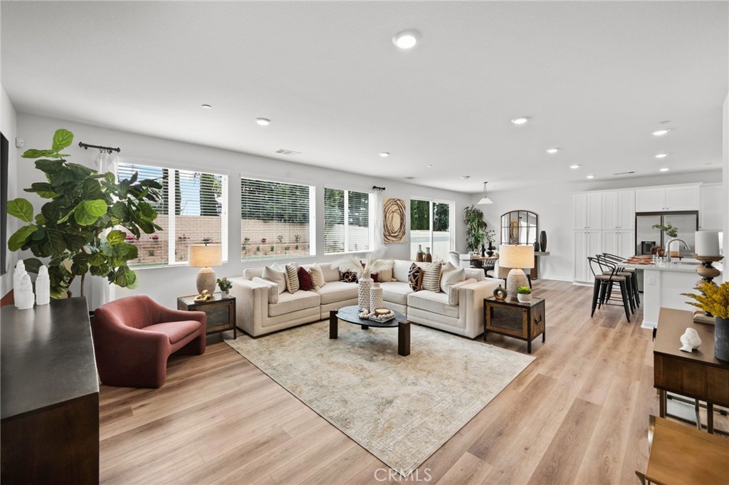 a living room with furniture potted plant and windows