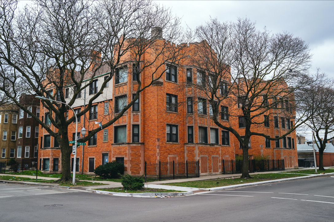 front view of a building with a street