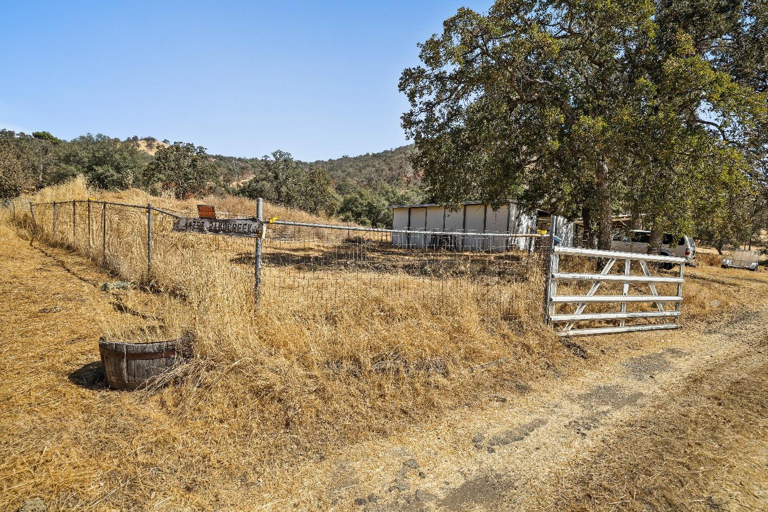 a view of a backyard with wooden fence