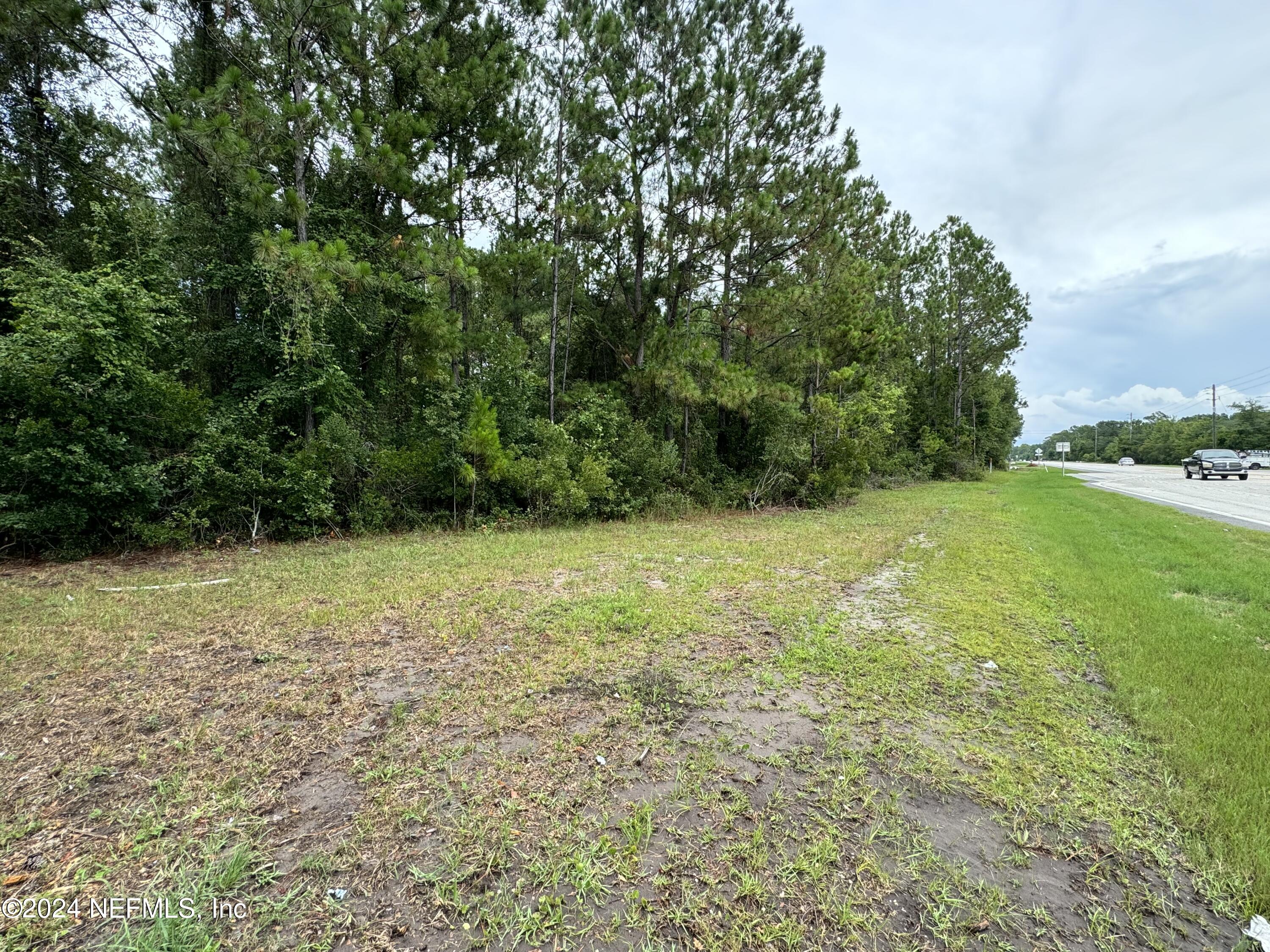 a view of a field with a trees in the background