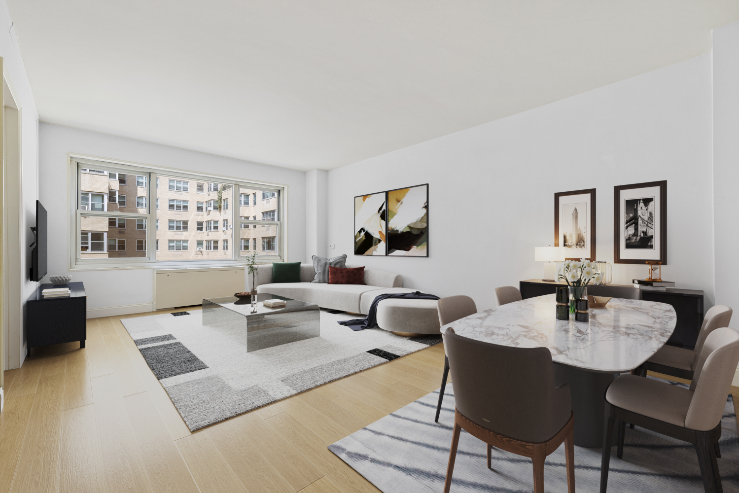 a living room with furniture and a table