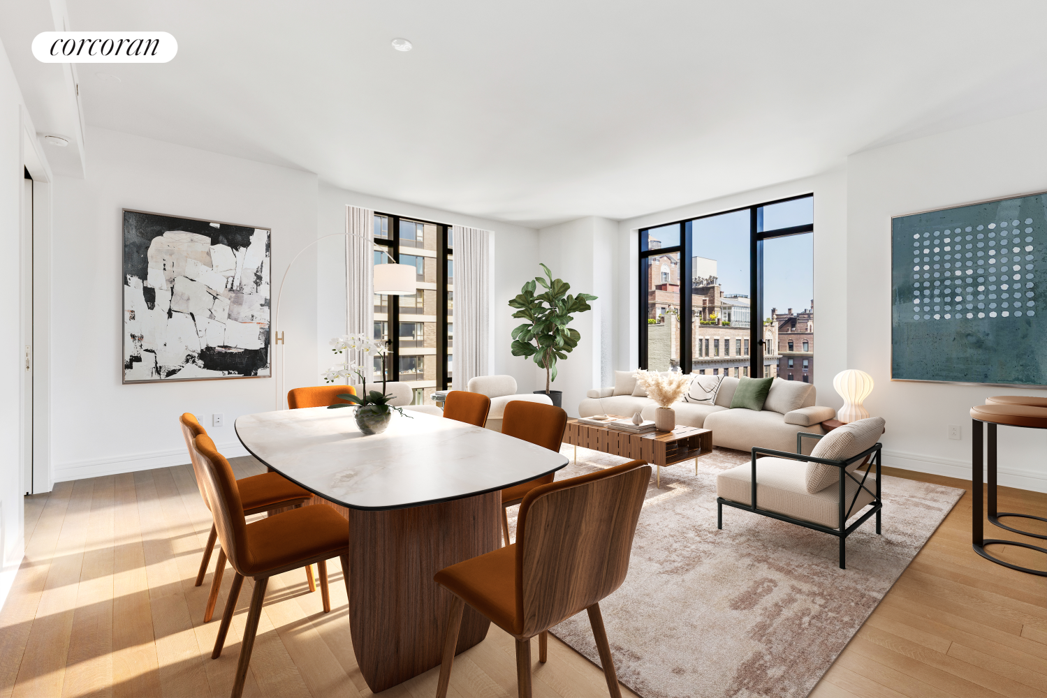 a living room with furniture a table and a large window