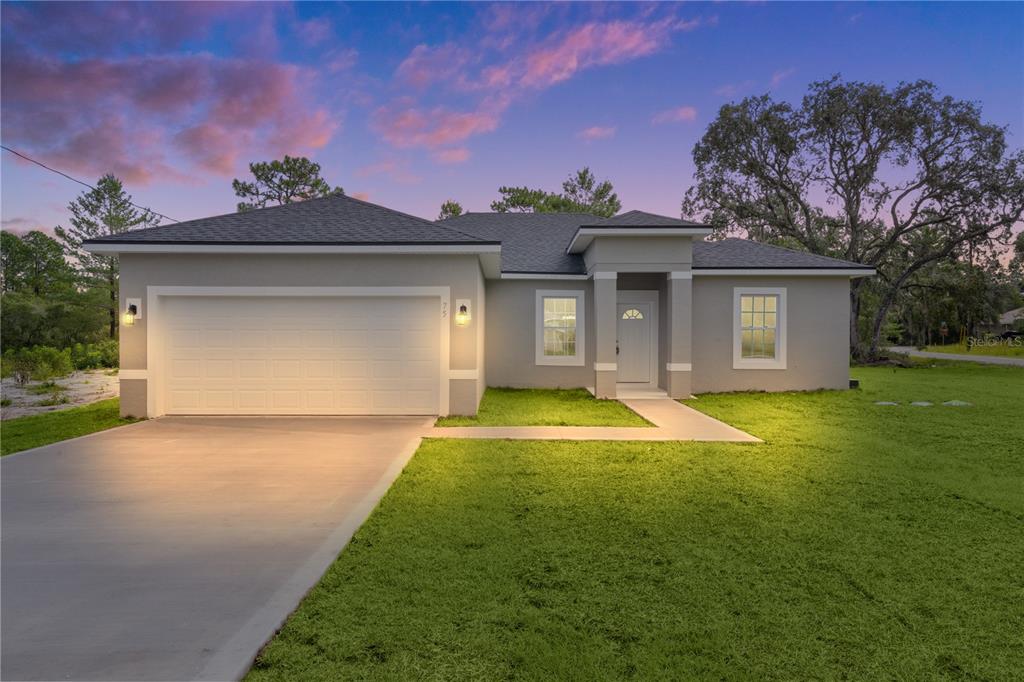 a front view of a house with a yard and garage