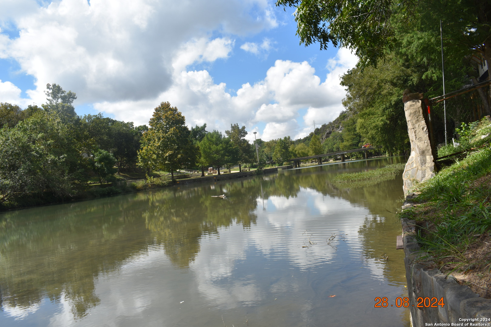 a view of a lake with a yard and large trees