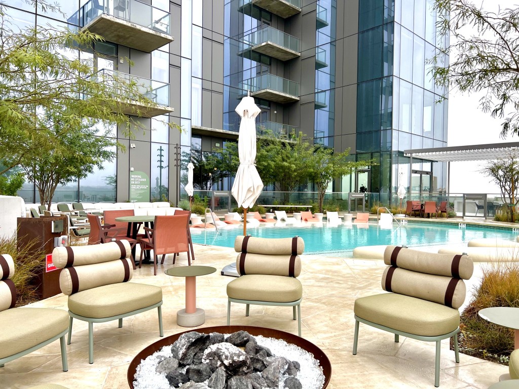 a building outdoor space with patio furniture