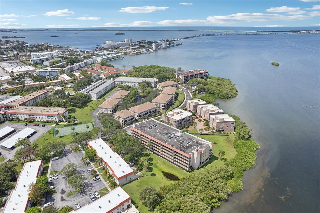 a view of a lake in middle of the town