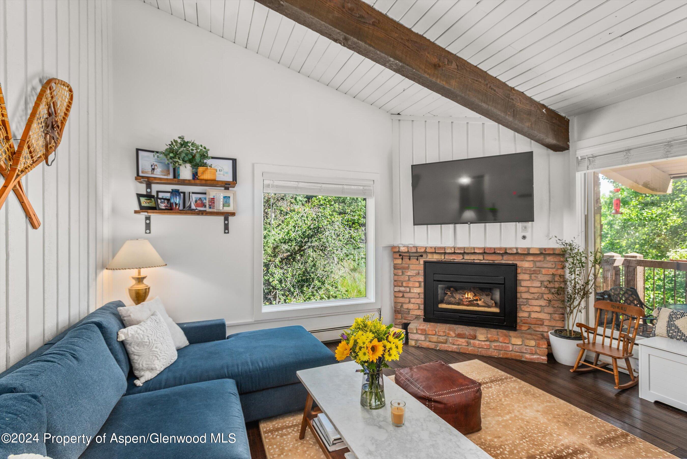 a living room with furniture a fireplace and a flat screen tv