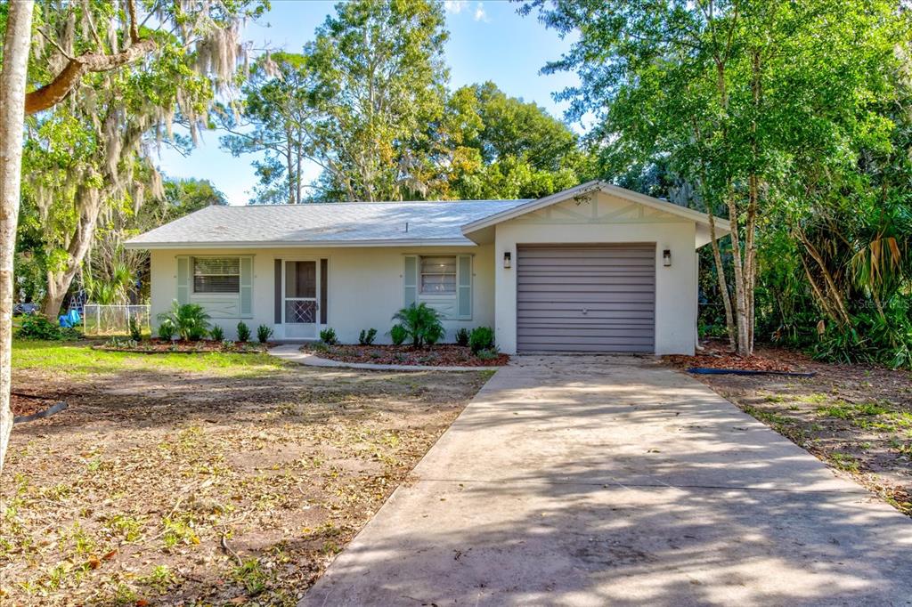 a view of a house with a backyard and a tree