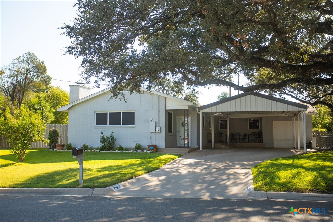 a view of a house with backyard and tree