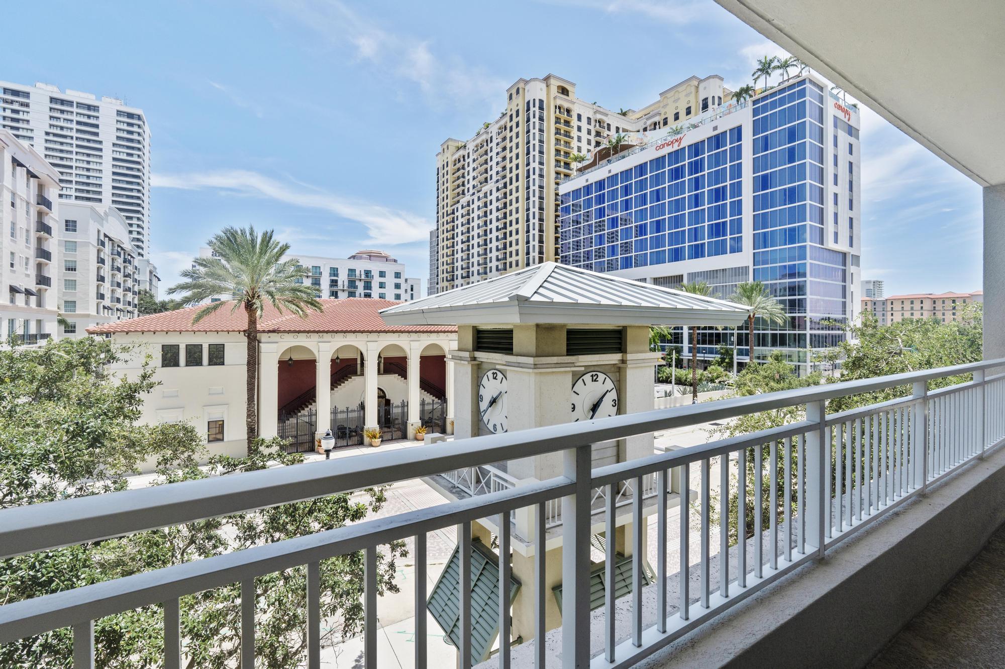 a view of a building from a balcony