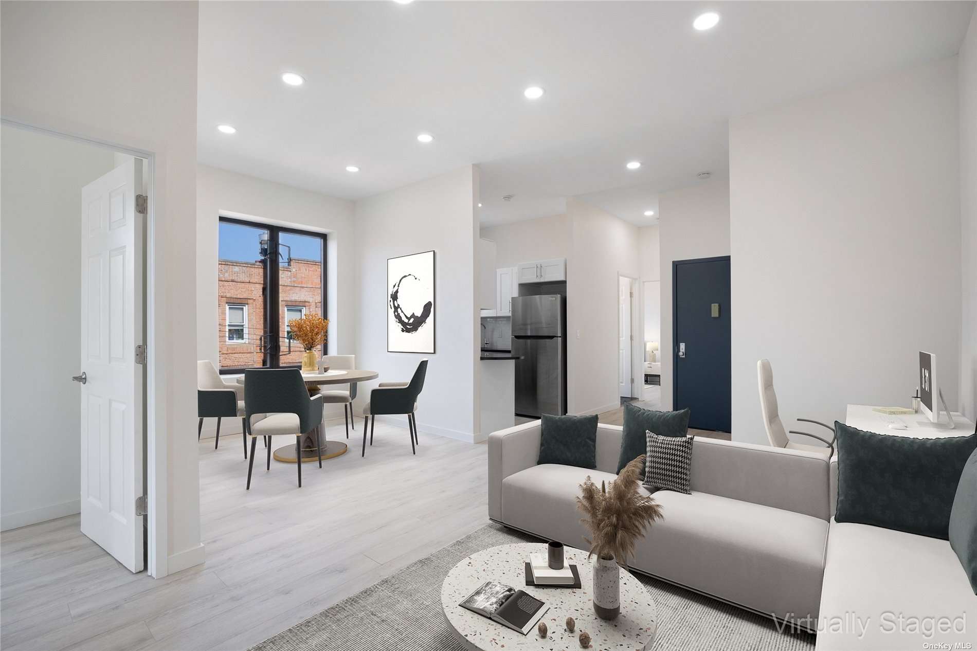 a living room with furniture and a dining table with wooden floor