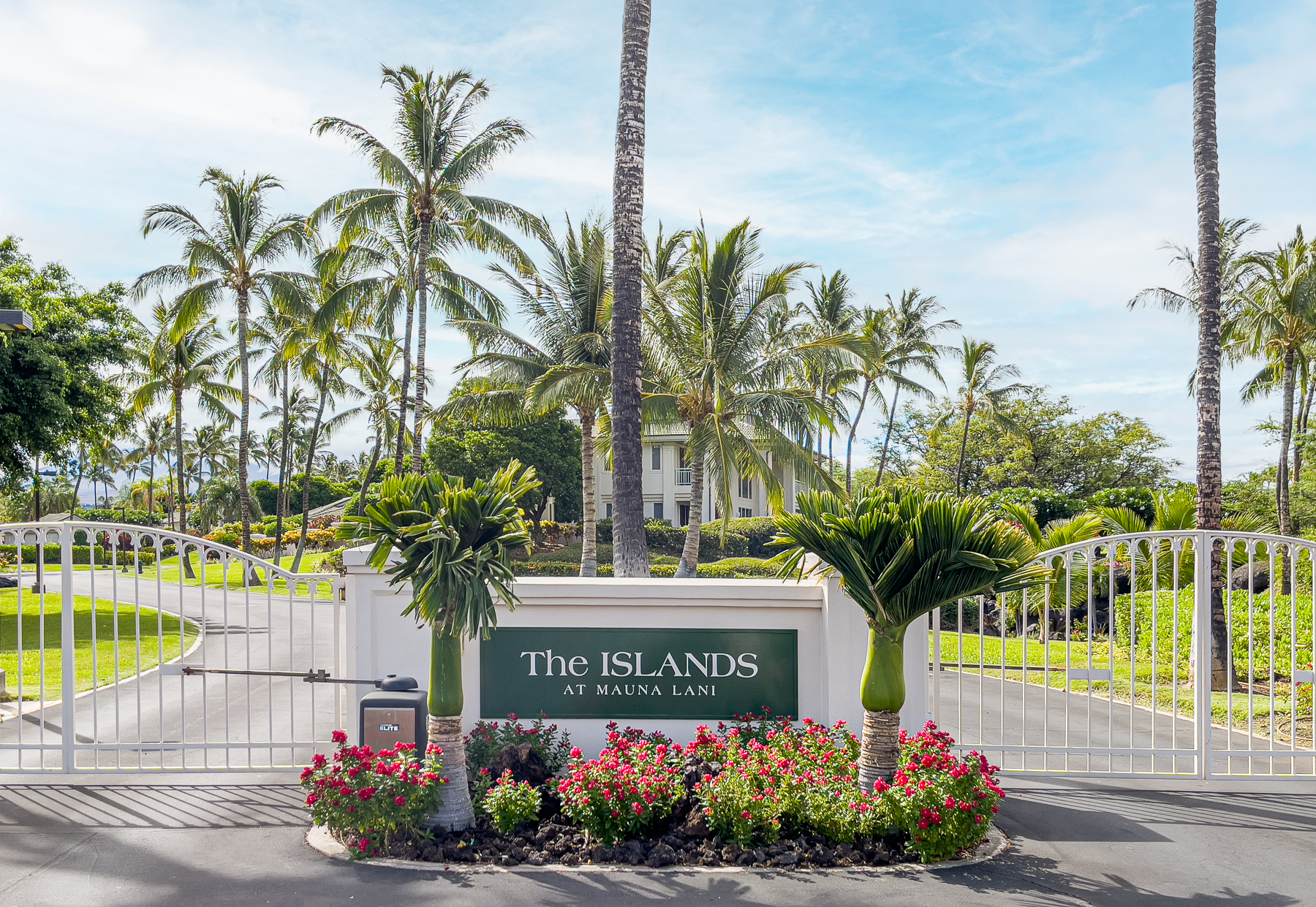 a sign board with flower plants and palm trees