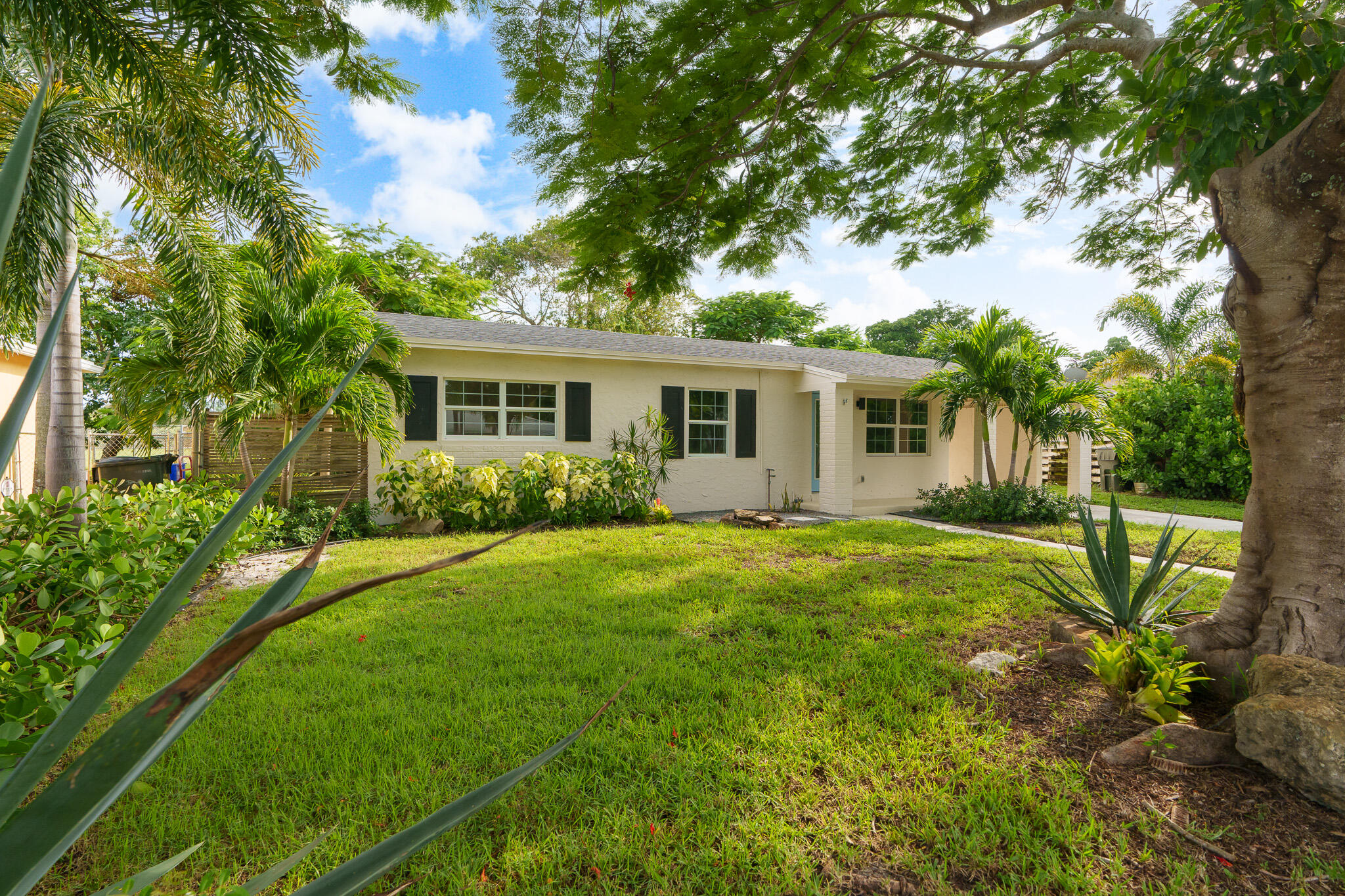 a view of backyard of house with green space