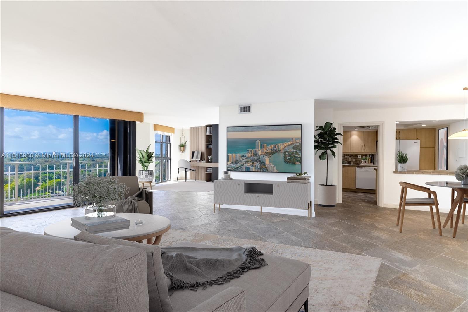 a living room with furniture large windows and a table