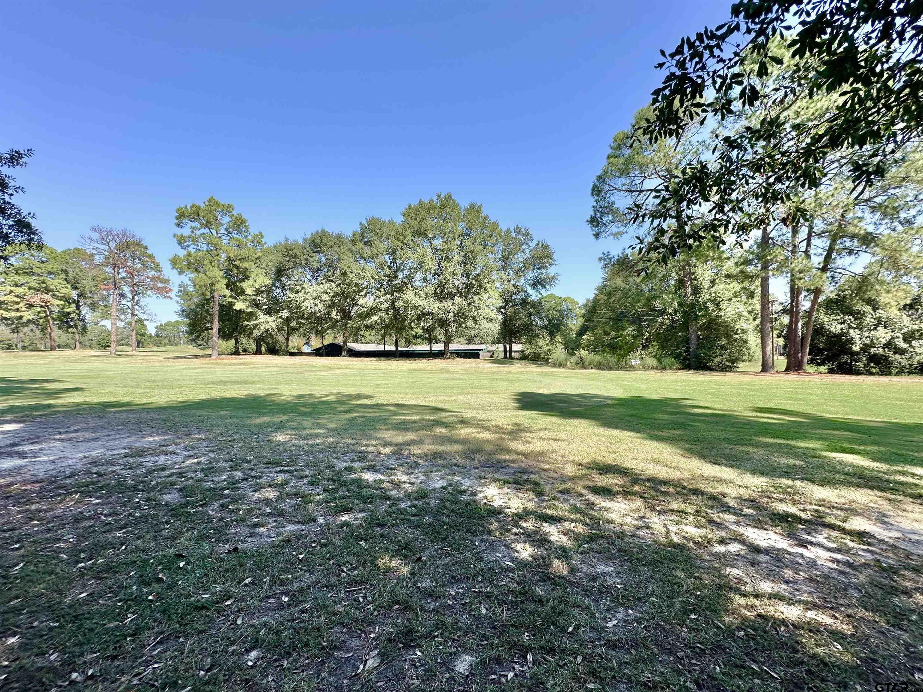 a view of a field with trees in the background