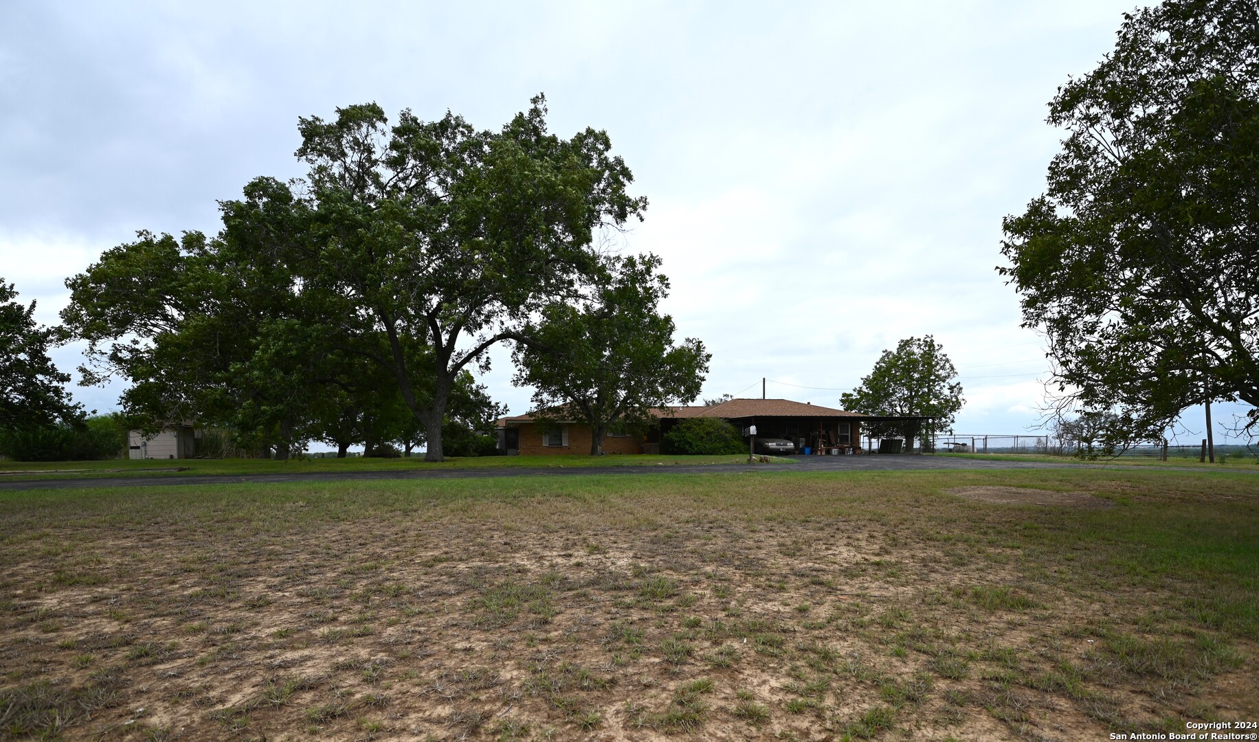 a view of a field with trees in the background