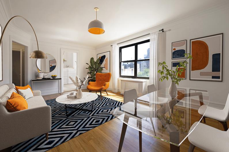 a living room with furniture and wooden floor