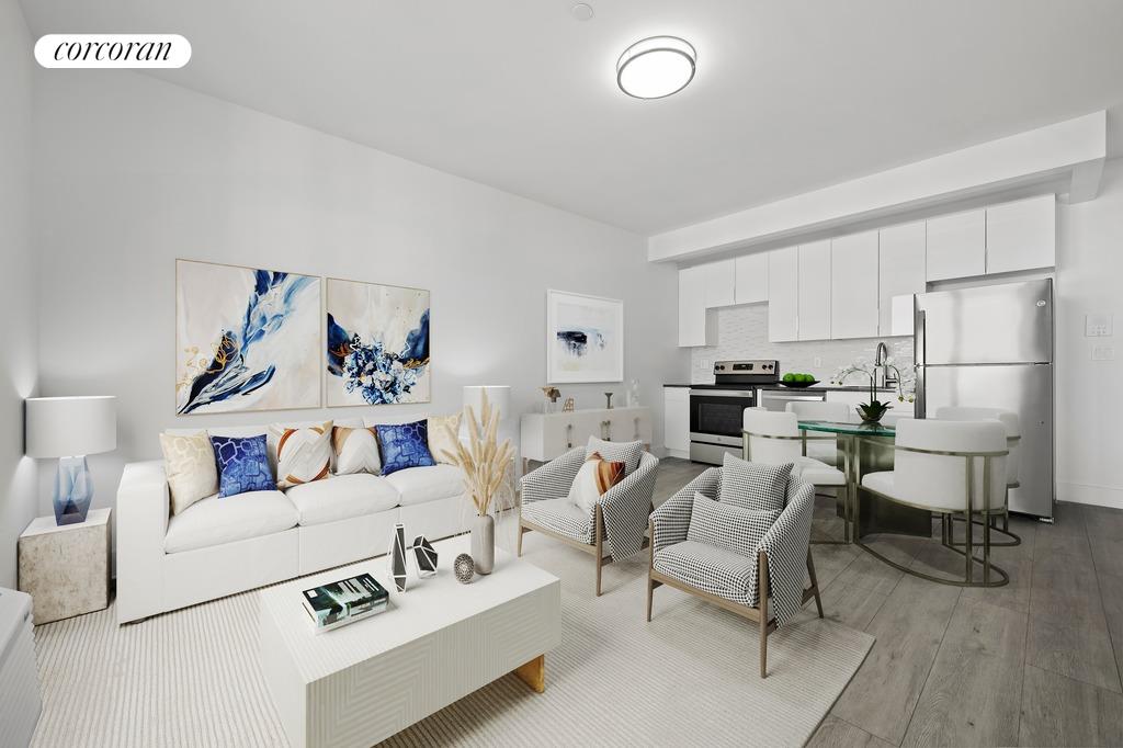 a living room with furniture and a table