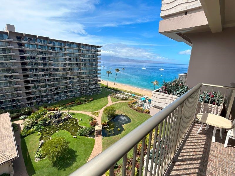 a view of balcony with wooden floor