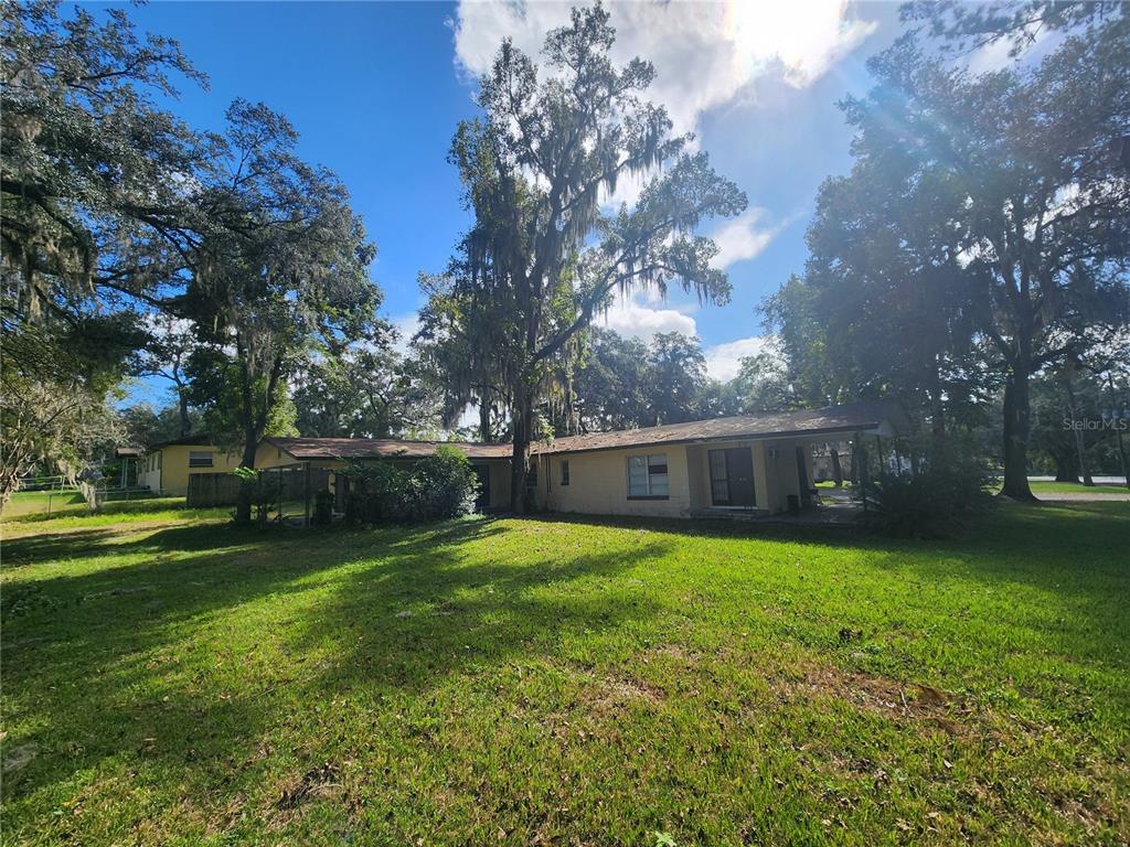 a view of a backyard with large trees