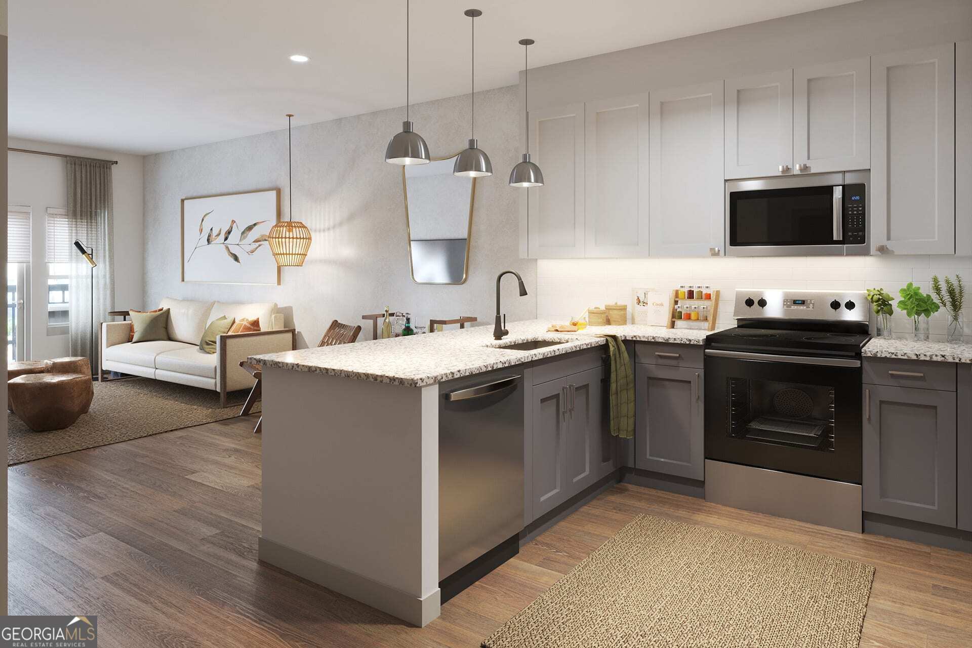 a kitchen with a sink stove and microwave