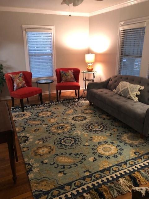 a living room with furniture rug and lamp