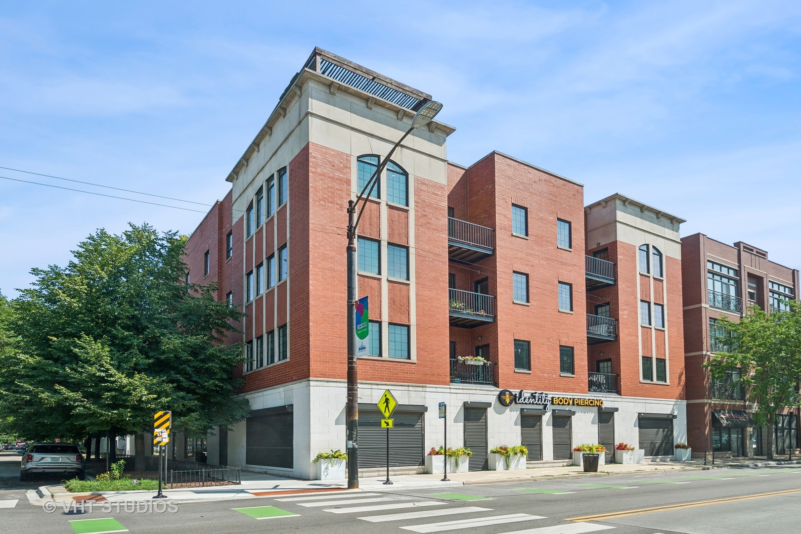 a front view of a multi story building