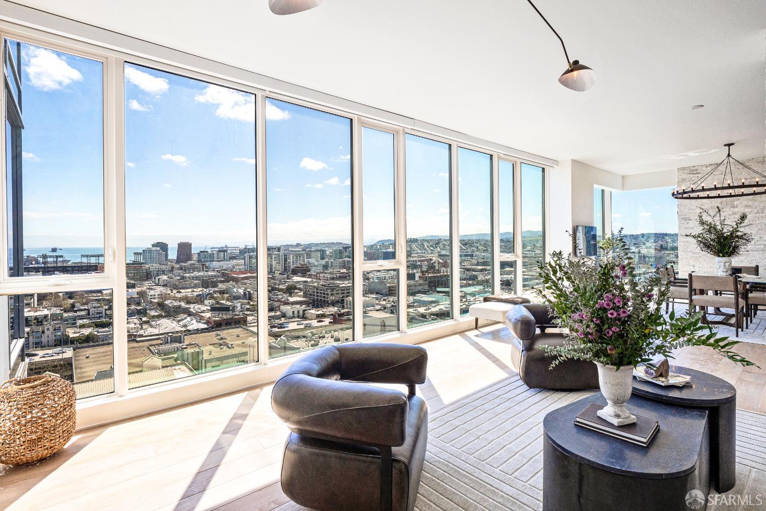 a living room with furniture and a floor to ceiling window