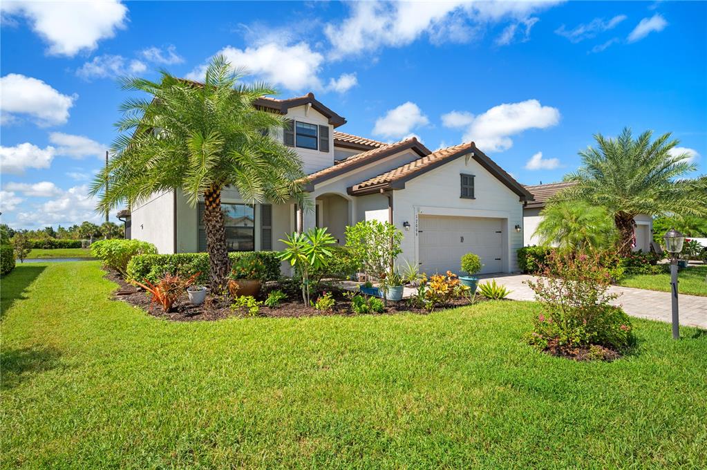 a front view of house with yard and green space