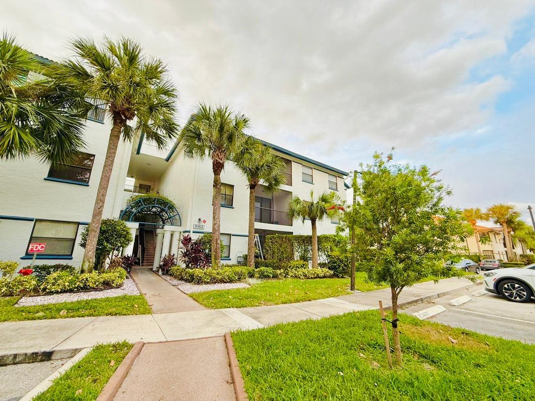 a palm tree sitting in front of a house with a big yard