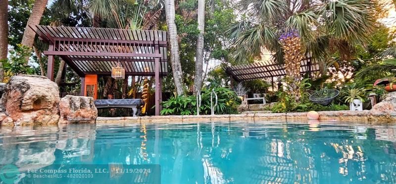 a view of swimming pool with outdoor seating and plants